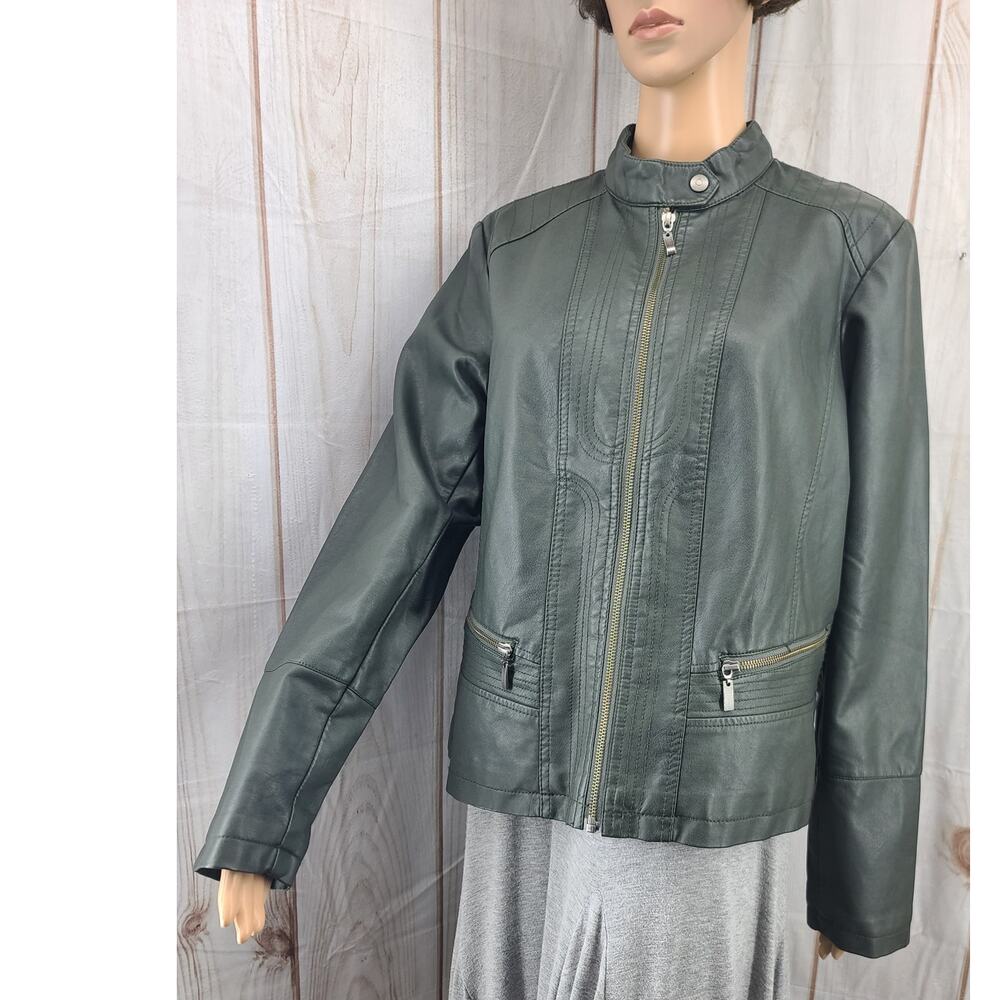Bernardo Army Green Faux Leather Lined Moto Jacket Women Size L Zipper Close